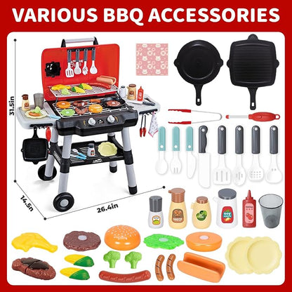 Shemira Kids Play Kitchen Toys, Kids BBQ Grill Playset, Play Grill Toys | 2-Layer Barbecue Toy with Wheel Smoke Sound Light, Outdoor Toys for Toddlers 3-5, Play Food Toys Cooking Set, Birthday Gift