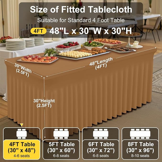 Smiry Spandex Elastic Fitted Table Cloth Skirt for 4FT Rectangle Table | Stretch Washable Table Cloth, Banquet Table Cover for Wedding, Party, Indoor & Trade Shows, (Brown, 48Lx30Wx30H)