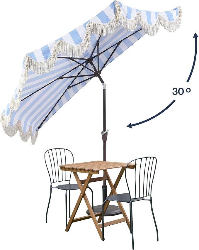 JONATHAN Y Beverly 9 ft. Striped Half Umbrella, Light Blue/Dark Brown | Coastal Scalloped Fringe, Crank Lift, 30 Degree Manual Tilt, UV 50 Polyester Canopy, Aluminum Frame, Space Saving Design