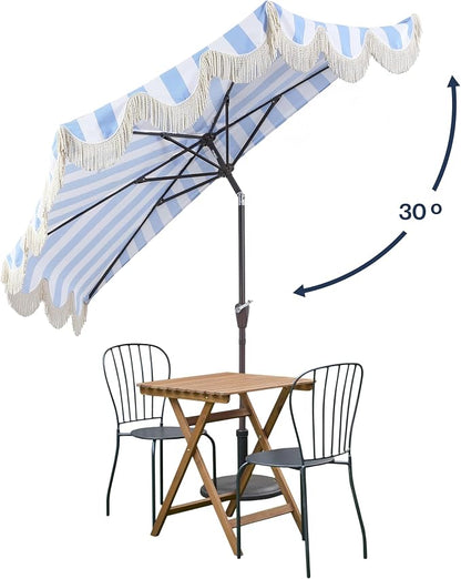 JONATHAN Y Beverly 9 ft. Striped Half Umbrella, Light Blue/Dark Brown | Coastal Scalloped Fringe, Crank Lift, 30 Degree Manual Tilt, UV 50 Polyester Canopy, Aluminum Frame, Space Saving Design