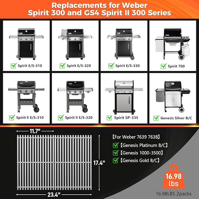 9.5MM 17.5" Grill Grates for Weber Spirit 300 & GS4 Spirit II 300 Series, SUS304 Grill Parts for Weber Spirit E 310 S-310 E/S-320 E/S-330, Genesis Silver B/C, Genesis Gold B/C Grills, 7638 7639