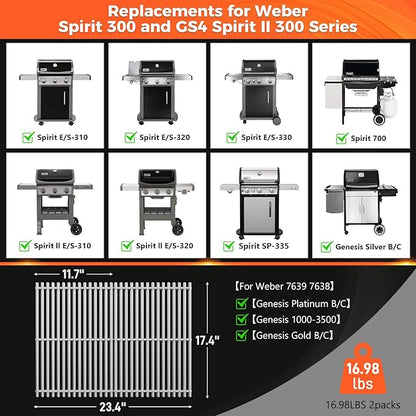 9.5MM 17.5" Grill Grates for Weber Spirit 300 & GS4 Spirit II 300 Series, SUS304 Grill Parts for Weber Spirit E 310 S-310 E/S-320 E/S-330, Genesis Silver B/C, Genesis Gold B/C Grills, 7638 7639
