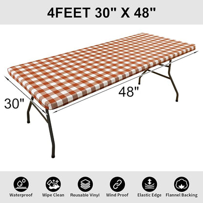Smiry Rectangle Picnic Table Cloth, Elastic Waterproof Fitted Vinyl Tablecloths, Flannel Backed Buffalo Plaid Table Covers for Dining, Camping, Outdoor, Thanksgiving (White and Rust, 30" x 48")