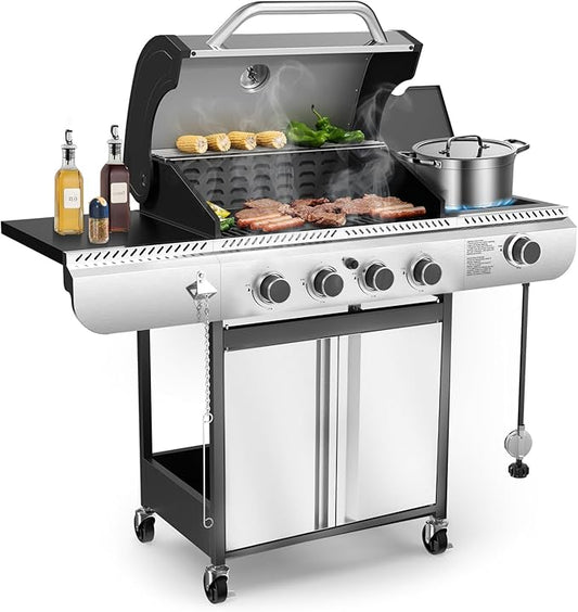Electactic G41 Gas Grill,4-Burner Gas BBQ Grill with Side Burner, Porcelain-Enameled Grills, 42,000 BTU Stainless Steel Propane Grill for Outdoor Cooking and Patio Barbecues