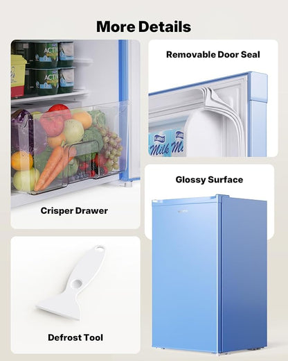 Upstreman 3.2 Cu.Ft Mini Fridge with Freezer, Blue-BR321 | Adjustable Thermostat, Energy Saving, Low Noise, Reversible Door, Small Refrigerator for Dorm, Bedroom, Office