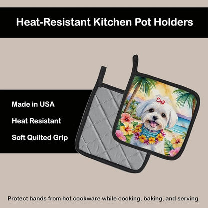 Caroline's Treasures Maltese Luau Pair of Pot Holders Kitchen Heat Resistant Pot Holders Sets Oven Hot Pads for Cooking Baking BBQ, 7 1/2 x 7 1/2