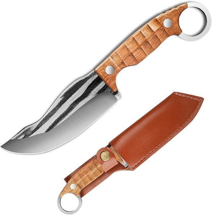 Plys Survival Knife 4” Full Tang Fixed Blade - Stainless Steel Hunting Camping Knife with Ergonomic Rosewood Handle & PU Leather Sheath for Outdoor Survival BBQ EDC