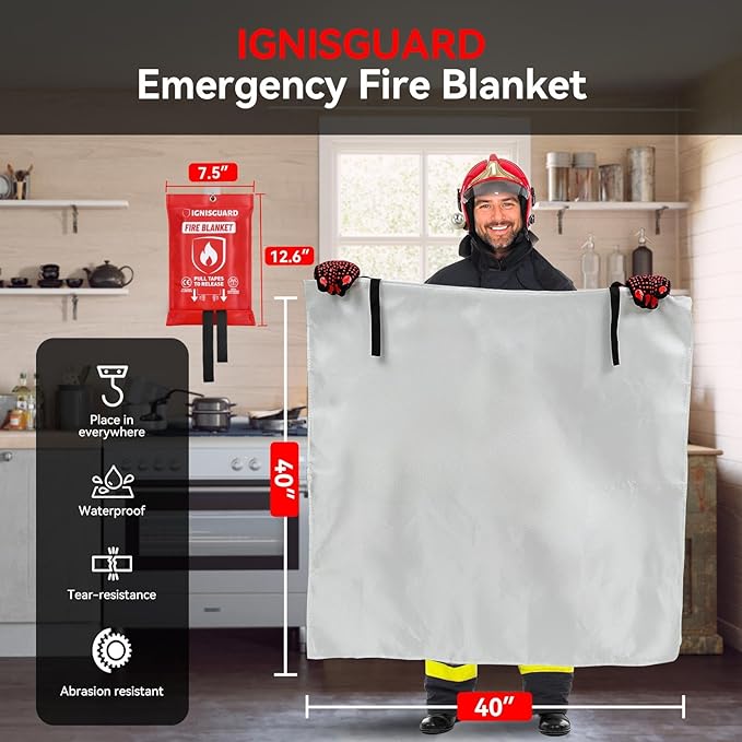 Emergency Fire Blanket for Home and Kitchen, 1-Pack 40"x40" Fiberglass Fire Suppression Blanket for Grease Fires, BBQ Grill, Camping, Car, RV, Office & Home Safety