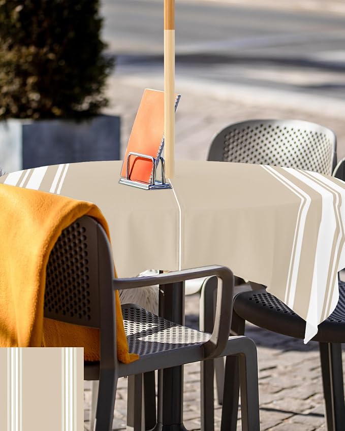 QueenKer Outdoor Tablecloth with Umbrella Hole, Khaki and White Stripe Square Tables Waterproof Tabletop Collection for Patio, Garden, Picnic, Camping, Dining 54 x 54 inch