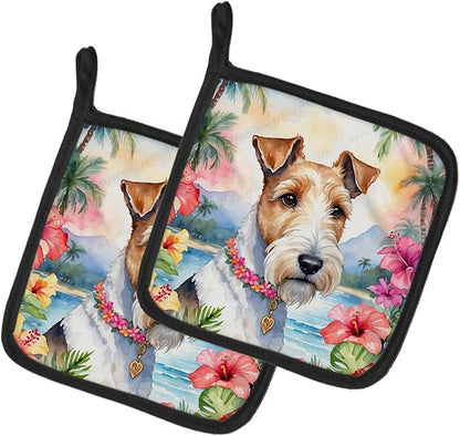 Caroline's Treasures Fox Terrier Luau Pair of Pot Holders Kitchen Heat Resistant Pot Holders Sets Oven Hot Pads for Cooking Baking BBQ, 7 1/2 x 7 1/2