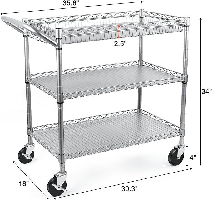 BolDuck Heavy Duty Utility Cart, 990Lbs Capacity 3 Tier Rolling Carts with Wheels, Kitchen Cart on Wheels with Storage, Commercial Grade Metal Serving Carts with Wire Shelving &Handle Bar, Silver