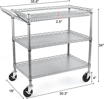 BolDuck Heavy Duty Utility Cart, 990Lbs Capacity 3 Tier Rolling Carts with Wheels, Kitchen Cart on Wheels with Storage, Commercial Grade Metal Serving Carts with Wire Shelving &Handle Bar, Silver