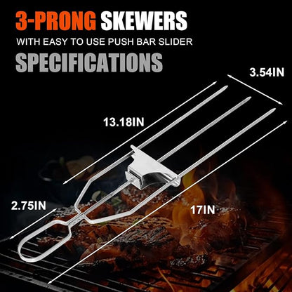 SHIKORI 3 Way Kabob Skewer,17''Stainless Steel Barbecue Fork 3 Pcs | Kabob Sticks With Push Bar Reusable Metal Skewer for Outdoor BBQ Meat Chicken Veggies Camping ,Food Grade,Rustproof
