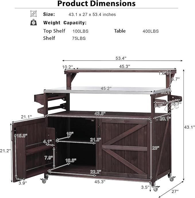Outdoor Kitchen Island with Raised Shelf, Storage Cabinet with Stainless Steel Top,Outdoor Rolling Grill Cart with Internal Storage Rack, Adjustable Shelf,Spice Rack (Brown-@Outdoor cart)