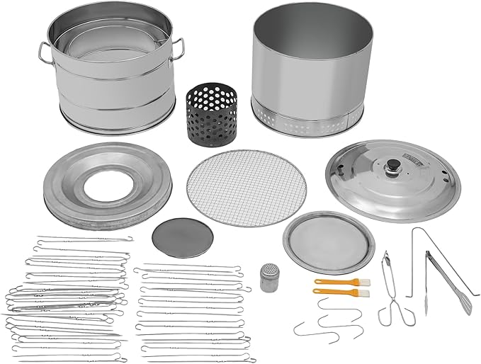 Large Hanging Charcoal Grills, Stainless BBQ Grill Barrel Set with 50 Skewers & Ash Catching Tray Portable Grill with Multiple Clips & 2 Brushes for Travel Camping Picnic Patio Backyard