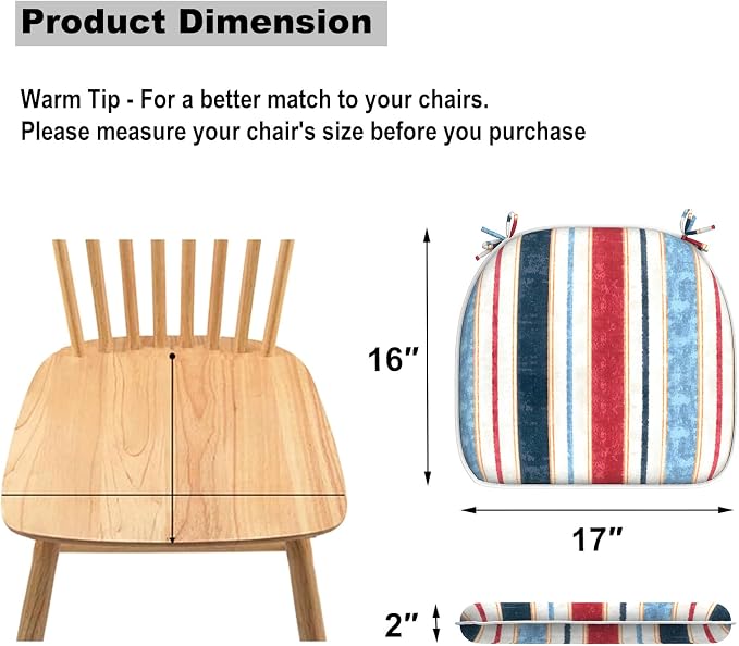 DYTXIII Set of 2 Outdoor Chair Cushions with Ties,Water Repellent Patio Chair Pads 17"x 16" for Outdoor Furniture,Round Corner Seat Cushions for Garden Yard Kitchen Stripe Red Blue