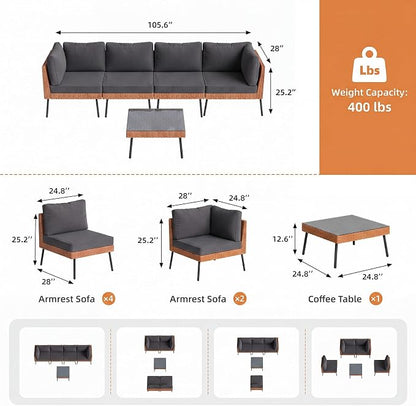 Aoxun 5-Piece Patio Furniture Set, Wicker Outdoor Furniture with Water Resistant Thick Cushions, Patio Conversation Set Outdoor Sectional Sofa with Coffee Table for Backyard Poolside, Black
