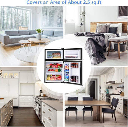 COSTWAY 3.2 Cu.ft. Mini Fridge with Freezer for Bedroom, Dorm, Office | Small Compact Refrigerator with Reversible 2-Door, Adjustable Temperature, LED Lights, Removable Glass Shelves, Grey