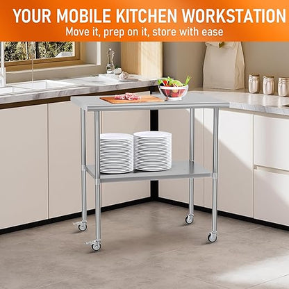 Stainless Steel Table with Wheels 24" x 36" Utility Worktable with Adjustable Undershelf for Commercial Kitchen, Garage, Restaurant