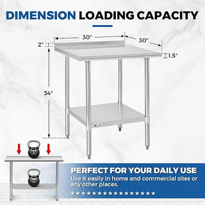Profeeshaw Stainless Steel Prep Table 30''x30'' Workbench with Backsplash | NSF Commercial Metal Work Table, with Undershelf, Heavy Duty Table, for Kitchen, Restaurant, Home, Gargae and Hotel, 18-gauge