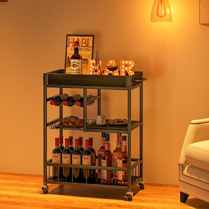 Bar Cart with Basket Wine Rack with Wheels Wood Metal Cart for Party | Basket