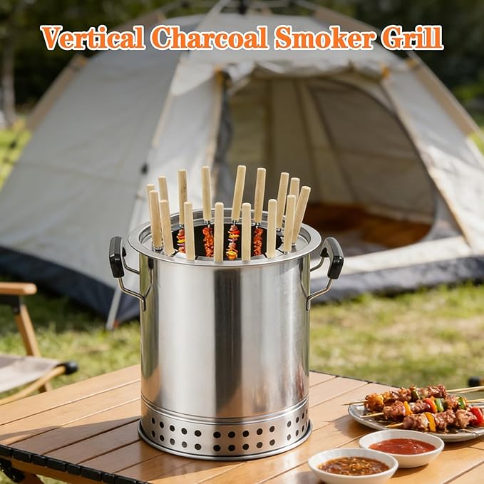 Smokeless Charcoal Hanging Grill, Stainless Steel Mini Kebob Grill with 16 Skewers, Portable Surround Charcoal kebab Grill for Home Party Outdoor Camping