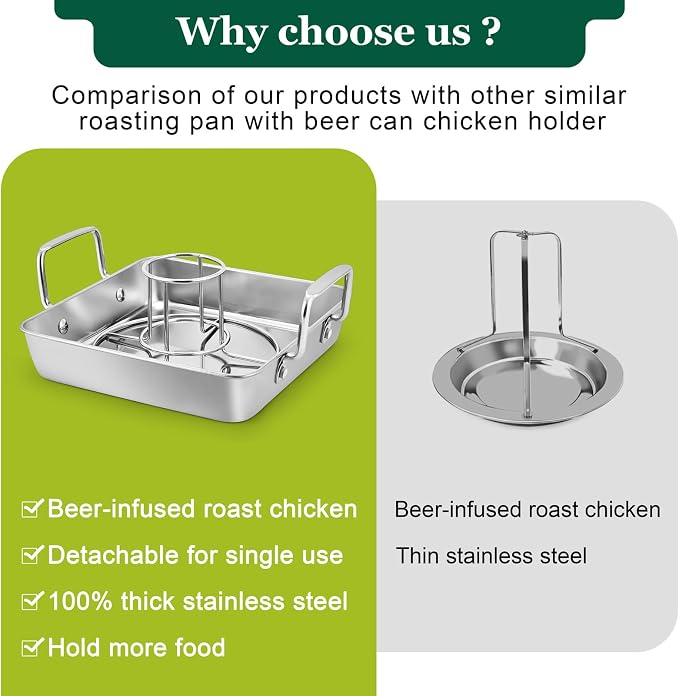 Leonyo Beer Can Kitchen Holder with 9IN Roasting Pans for Grill | Heavy Duty Stainless Steel Vertical Beer Can Kitchen Stand for Smoker with Sqaure Roaster Pan, Dishwasher Safe