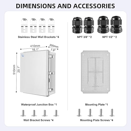 RTHIEAI Waterproof Outdoor IP67 Junction Box(20.1"x16.1"x7.9") with Mounting Plate, Hinged Grey Cover and Wall Brackets - Weatherproof ABS Plastic Electrical Enclosure for DIY Projects(510x410x200mm)