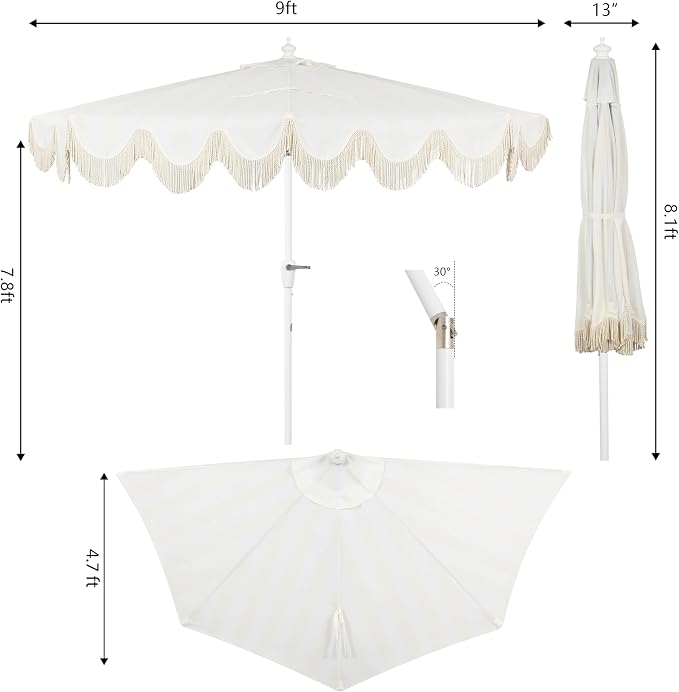 JONATHAN Y Beverly 9 ft. Striped Half Umbrella, Cream/White | Coastal Scalloped Fringe, Crank Lift, 30 Degree Manual Tilt, UV 50 Fabric Canopy, Aluminum Frame, Space Saving Design
