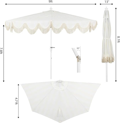 JONATHAN Y Beverly 9 ft. Striped Half Umbrella, Cream/White | Coastal Scalloped Fringe, Crank Lift, 30 Degree Manual Tilt, UV 50 Fabric Canopy, Aluminum Frame, Space Saving Design