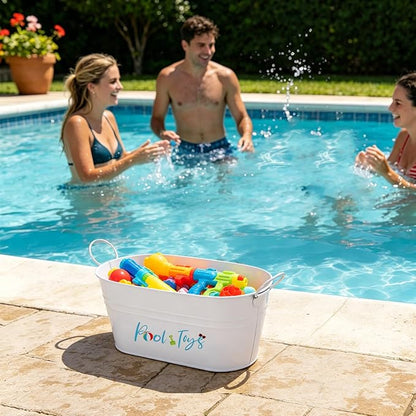 2 Pack Pool Toy Storage Bucket, Metal Poolside Toy Storage Bucket with Handles, Outdoor Summer Storage Box, Above Ground Pool Bin for Goggles Towels Swimming Camping Beach Accessories Decor (White)
