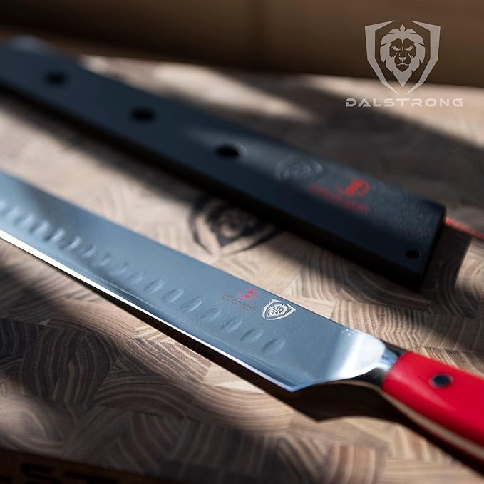 Dalstrong Slicing Carving Knife - 12 inch Granton Edge - Shogun Series - Damascus - Japanese AUS-10V Super Steel Kitchen Knife - Vacuum Treated - Crimson Red ABS Handle - Razor Sharp Knife - w/Sheath