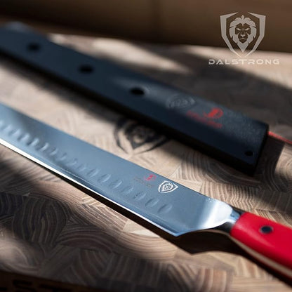 Dalstrong Slicing Carving Knife - 12 inch Granton Edge - Shogun Series - Damascus - Japanese AUS-10V Super Steel Kitchen Knife - Vacuum Treated - Crimson Red ABS Handle - Razor Sharp Knife - w/Sheath