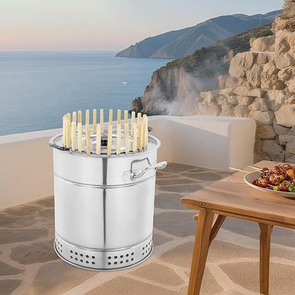 Portable BBQ Charcoal Grill, Stainless Steel Surround Charcoal Kebab Grill, 28 Skewers Capacity, Versatile Grilling Barrel Grill for Picnics,Camping,Traveling, Parties