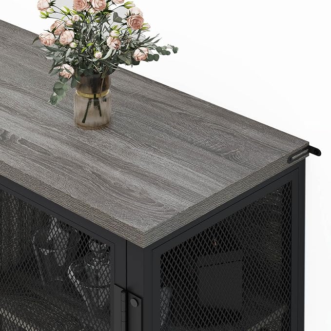 Small Coffee Bar Cabinet with Storage, Farmhouse Liquor Cabinet for Home Coffee Station, Wood Sideboard Buffet with Doors for Kitchen, Dining Room, Living Room, Dark Grey Oak