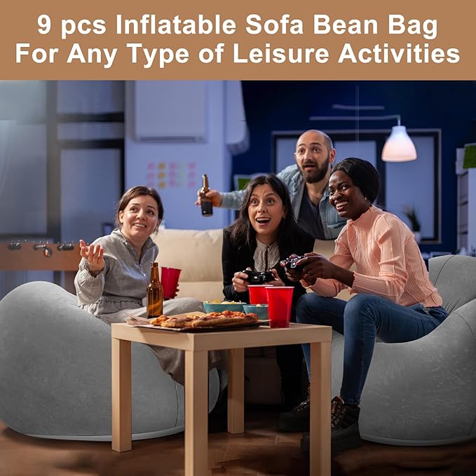 Realspring 6 9 12 Pcs Inflatable Bean Bag Chairs for Adults with Electric Air Pump, Blow up Couch Folding Portable Inflatable Couch Lazy Sofa for Outdoor Movie Night Camping(Grey,9 Pcs)