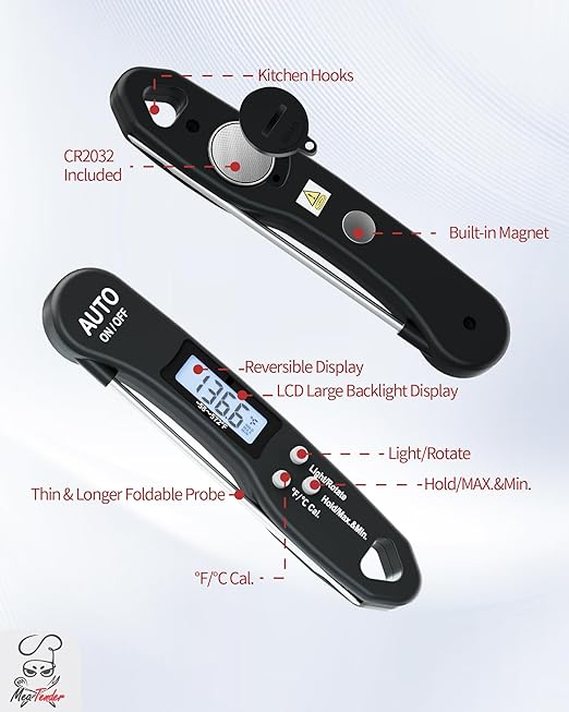 Ultra-Fast 1.2s Instant Read Meat Thermometer for Grilling & Smoking, ±1°F Accuracy with Calibration, Reversible Backlit LCD for Left/Right Hand, Magnetic Digital Food Thermometer for BBQ, Candy, Oil