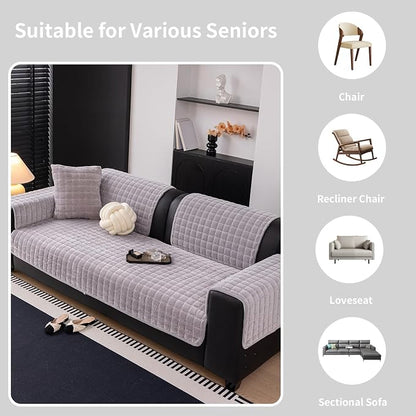 Velvet Couch Cover, Washable Sectional Sofa Cover, Anti Slip Sofa Slipcover for 3 Cushion Couch Sofa L Shaped Armrest Backrest, Furniture Protector Covers for Pets Kids(Light Grey, Only 1 PCS)