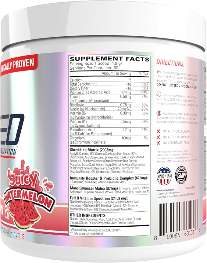 EHP LABS OxyShred Pre Workout Powder - Preworkout Powder with L Glutamine & Acetyl L Carnitine, Energy Boost Drink - Juicy Watermelon, 60 Servings