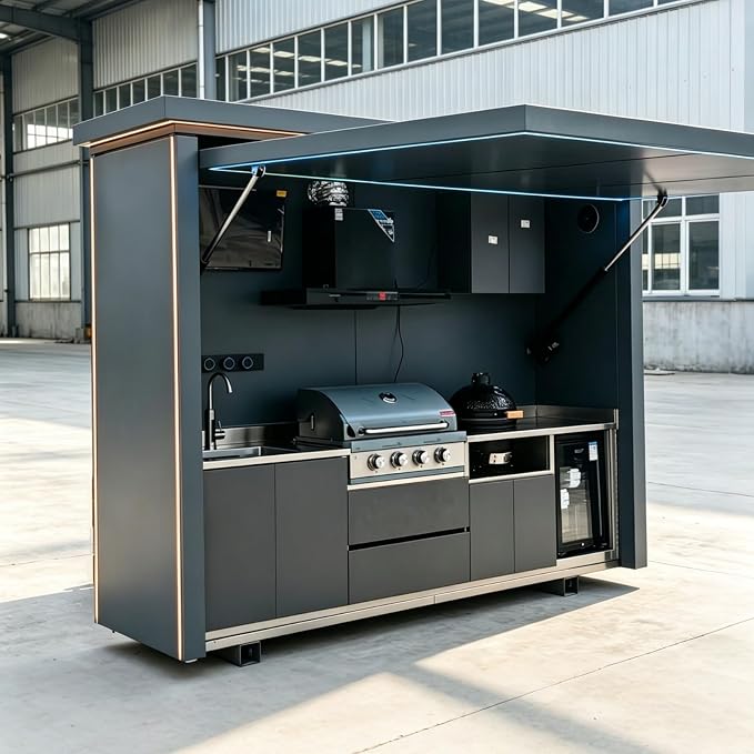 Prefab Outdoor Kitchen Pod with Roof, Luxury Modular Island Kits with Sink, Grill, Storage Cabinet, Burners, Refrigerator, Patio Backyard Cooking Station
