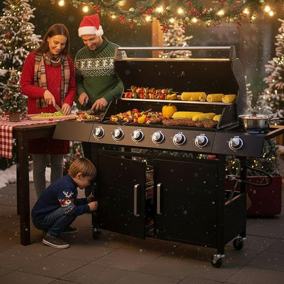 6-Burner w/Side Burner Gas Grill with 403 SQ.IN. Outdoor Grill with 60,000 BTU,Propane Grills with Top Cover Lid,Grills Outdoor Cooking for Patios,Camping,Balcony-Q032