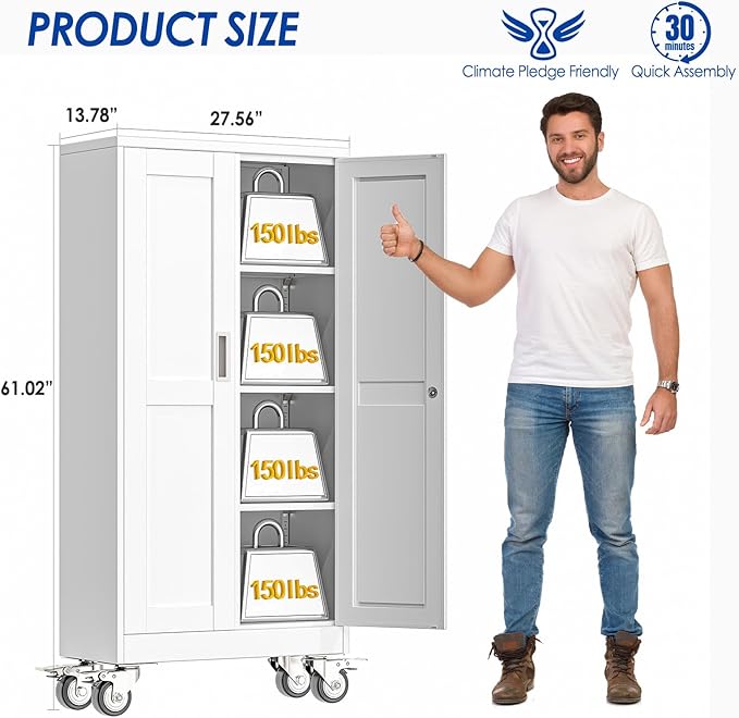 GAIOUS Metal Garage Storage Cabinet with Lock, 61” Tall Lockable File Cabinet with Wheels, Steel Tool Cabinet with 2 Door and 3 Adjustable Shelves, Rolling Cabinet for Home Office Garage Gym - White