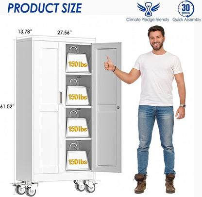 GAIOUS Metal Garage Storage Cabinet with Lock, 61” Tall Lockable File Cabinet with Wheels, Steel Tool Cabinet with 2 Door and 3 Adjustable Shelves, Rolling Cabinet for Home Office Garage Gym - White