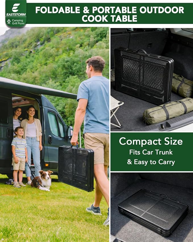 3 Ft Camping Table Foldable, Metal Mesh Grill Table with Side Wing Panels | Black Finish, 2 Adjustable Heights, Storage Net, Paper Towel Holder, Hooks and Trash-Bag Rack for Camping, BBQ and Picnics
