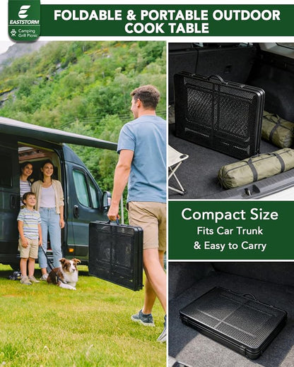 3 Ft Camping Table Foldable, Metal Mesh Grill Table with Side Wing Panels | Black Finish, 2 Adjustable Heights, Storage Net, Paper Towel Holder, Hooks and Trash-Bag Rack for Camping, BBQ and Picnics