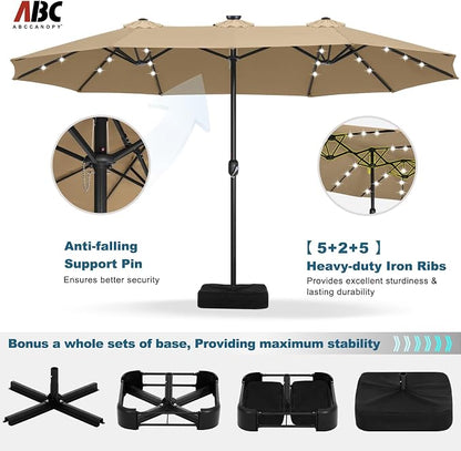 ABCCANOPY 15FT Solar LED Double-Sided Umbrella with Base, Khaki | Rectangular Outdoor Table Umbrella with Crank, Heavy Duty Market Umbrella Shade for Garden,Poolside, Lawn, Backyard