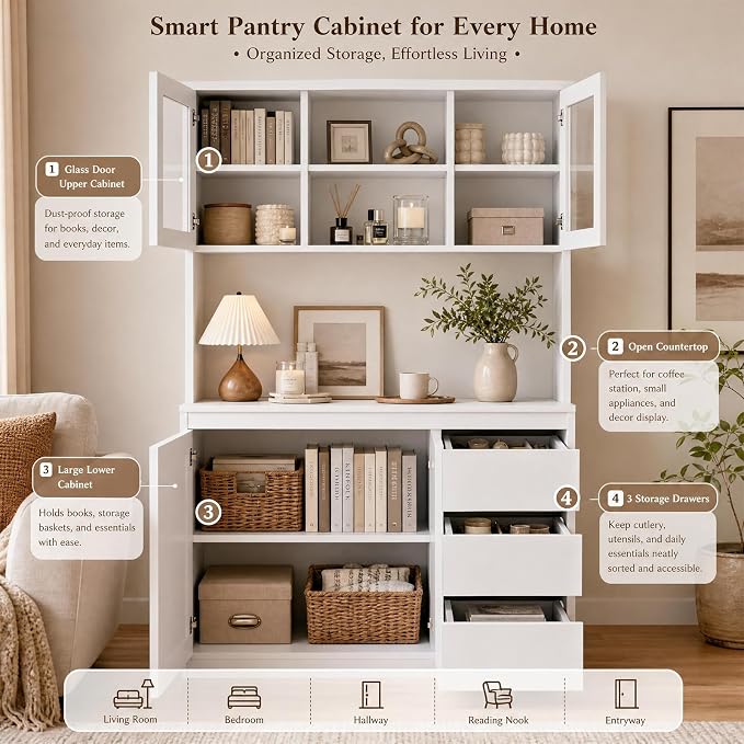 71" Kitchen Pantry Cabinet,Tall Storage Cabinet with Charging Station | Kitchen Storage Hutch with Microwave Shelf,Coffee Bar,Led Lights & Shelves Adjustable,Corner Pantry Cabinet for Living Room