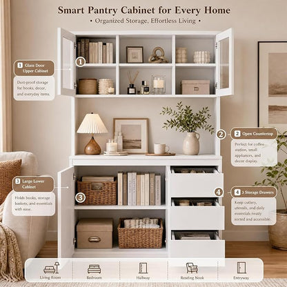 71" Kitchen Pantry Cabinet,Tall Storage Cabinet with Charging Station | Kitchen Storage Hutch with Microwave Shelf,Coffee Bar,Led Lights & Shelves Adjustable,Corner Pantry Cabinet for Living Room