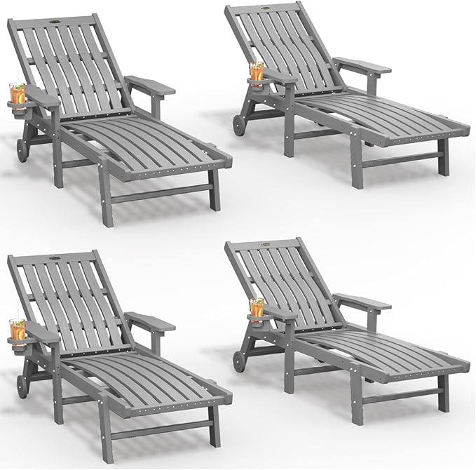 THOEOE Patio Chaise Lounge Chair Set of 4, Lounge Chair Outdoor with 5 Positions, HDPE, Patio Lounge Chair with Wheels & Cup Holder for Pool, Deck, Poolside,Grey