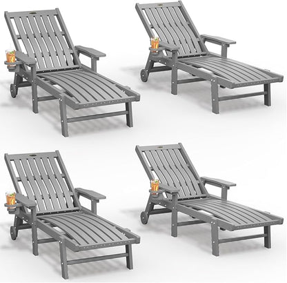THOEOE Patio Chaise Lounge Chair Set of 4, Lounge Chair Outdoor with 5 Positions, HDPE, Patio Lounge Chair with Wheels & Cup Holder for Pool, Deck, Poolside,Grey